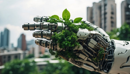 A robotic hand covered with green leaves cradling a section of a cityscapeの素材