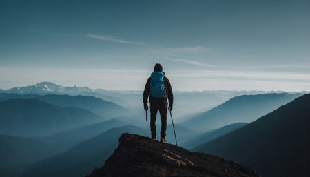 Hiker on the top of mountain never give up conceptの素材