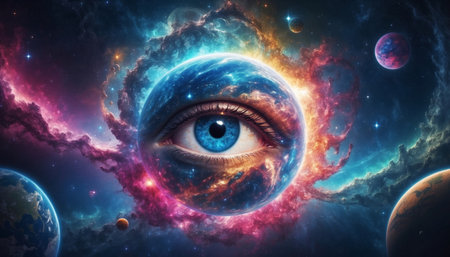 Universe like the source of consciousness energy, human like part of universe, colorful galaxy light and planetsの素材