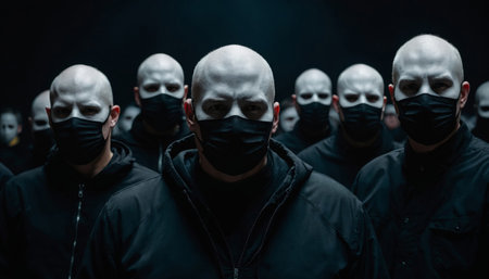 Crowd of the men in the street wearing black masks. Social problem, Epidemic, zombie apocalypse concepts.の素材