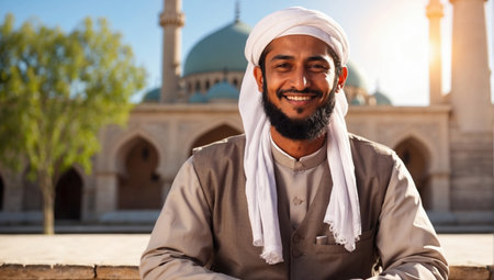 Smiling Muslim imam sitting in front of mosque. AI generatedの素材