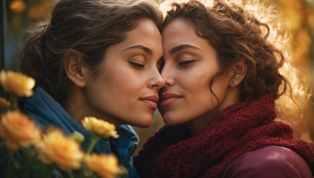 Portrait of LGBT woman couple in autumn park. AI generatedの素材