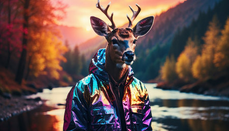 Man with a deer on the background of a mountain river at sunsetの素材