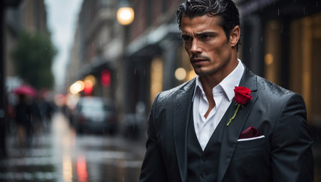 A serious man in suit with rose in jacket buttonhole standing on rainy street. AI generatedの素材