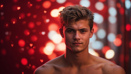 Young handsome Man on red background with hearts, St. Valentine background. AI generatedの素材