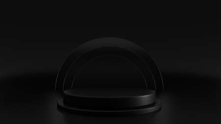 3D rendering. Pedestal display on dark background cylinder stand concept. Blank product With leavesの写真素材