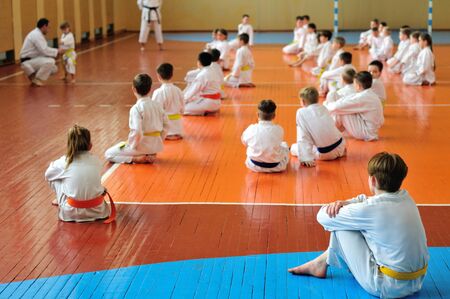 International seminar on traditional karate-do. Kids training. Banner with space for text. For web...