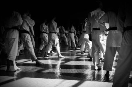 Kids training on karate-do. Banner with space for text. For web pages or advertising printing. Black and white photo without faces.の写真素材
