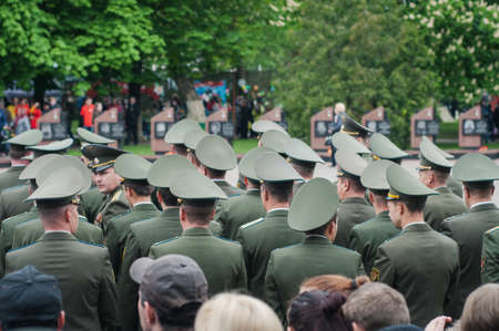 Belarus, the city of Bobruisk - May 9, 2019. A detachment of officers in green uniforms at a military booth dedicated to Victory Day in the Great Patriotic War.のeditorial素材