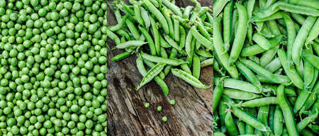 Set photo green banner collage of healthy food. Background of green peas.