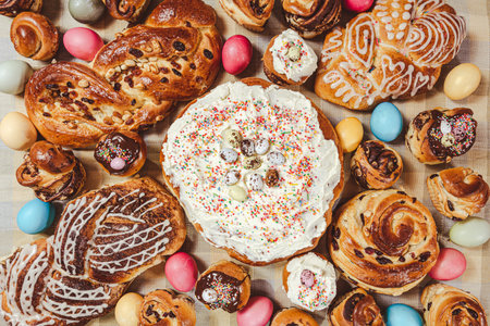 Festive Easter table with homemade cakes and colored eggs.の写真素材