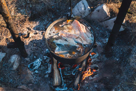 Beautiful surface of fish soup in the sun with fish and spices in a pot on a fire. Cooking in the camp outdoors.の写真素材