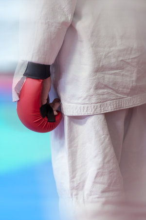 The concept of a colored sports background for martial arts with a small depth of field and a motion blur effect. An athlete in a white kimano and red gloves on the mat before the fight.の写真素材
