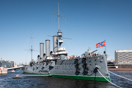 Russia, Petersburg - August 20, 2022. Cruiser Aurora monument-museum on the Neva River in the city of St. Petersburg.のeditorial素材
