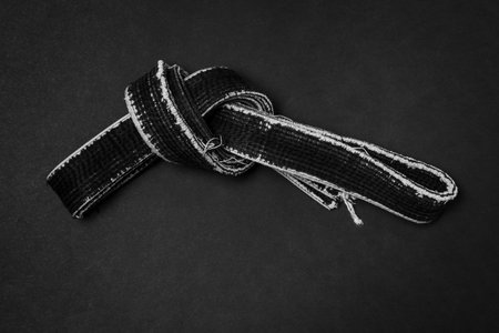 Martial arts black shabby master's belt on a black background.の写真素材