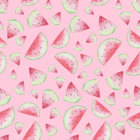 Seamless Watermelon Pattern on Pink Background. Watercolor Baby Girl collection.