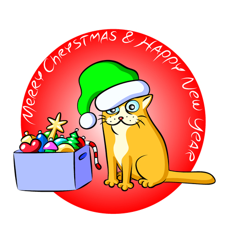 Christmas Cat and a Box of Toys Vector Illustrationのイラスト素材