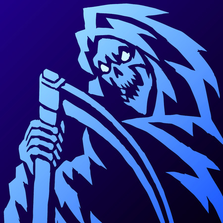 Scary Grim Reaper Vector Illustration. Spooky Apocalypse Demon. Spirit Rock Skull. Ghost Skeleton. Nightmare Terrible Mouth. Massacre Phantom Monster.のイラスト素材