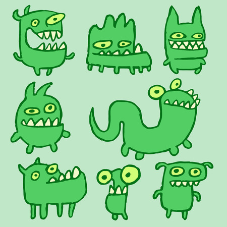 Green Monsters Emoticons Set. Funny Cartoon Cool Characters. Contour Freehand Digital Drawing Cute Thing. Green Color Background. Cheerful Collection Creatures for Web Icons and Shirt. Vector Illustration.のイラスト素材