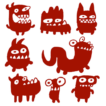 Funny Cartoon Black Flat Monsters Isolated Vector Illustration. Aliens Look Like Mutant Bugs Germs.Cheerful Collection Creatures for Web Icons and Shirts. Pictures for Kids.のイラスト素材