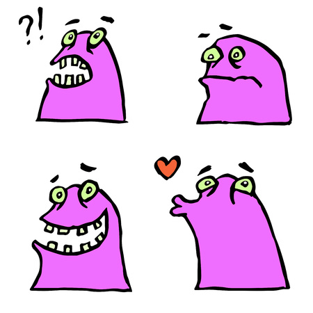 Funny Red Flat Monsters Isolated Vector Illustration. Aliens Look Like Mutant Bugs Germs. Cheerful Collection Creature for Web Icons and Shirts. Pictures for Kids.のイラスト素材