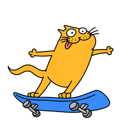 cat rides a skateboard. funny cartoon character. orange and blue colors. isolated vector illustration.のイラスト素材