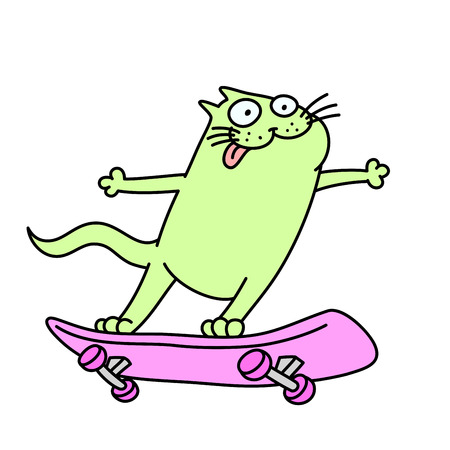 Cat rides a skateboard. Funny cartoon character. Green and pink colors. Vector illustration.のイラスト素材