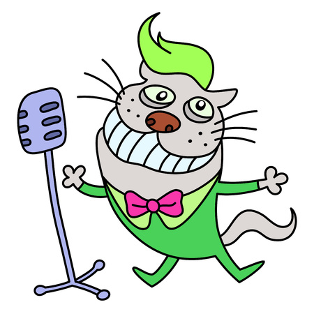 funny cat singing a song. funny cartoon character. good day. gray and green colors. isolated vector illustration.のイラスト素材