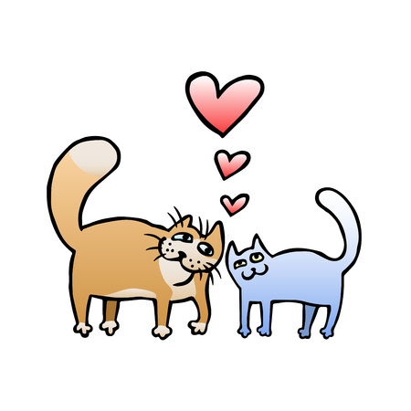 Cute Enamored Cats in Brown and Blue Colors. Romantic mood. Freehand digital outline drawing. Isolated vector illustration.のイラスト素材