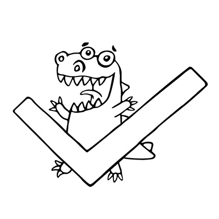 Cartoon dragon and big green tick. Vector illustration. Funny cute imaginary character.のイラスト素材