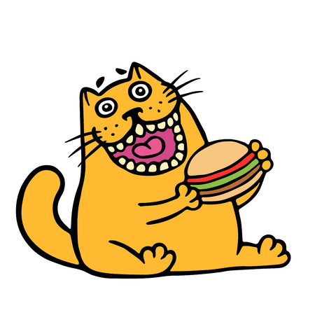 Cartoon orange cat is eating a hamburger. Funny cool character. Contour freehand digital drawing cute cat. White color background. Cheerful pet for web icons and shirt. Isolated vector illustration.のイラスト素材