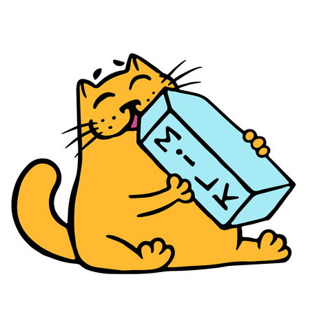 Cartoon orange cat is drinking milk. Funny cartoon cool character. Contour freehand digital drawing cute cat. White color background. Cheerful pet for web icons and shirt. Isolated vector illustration.のイラスト素材