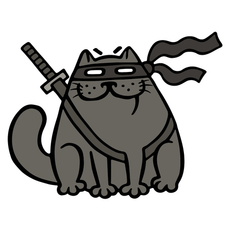 Cartoon fat ninja cat in a mask and a sword. Funny cool warrior character. Isolated vector illustration.のイラスト素材