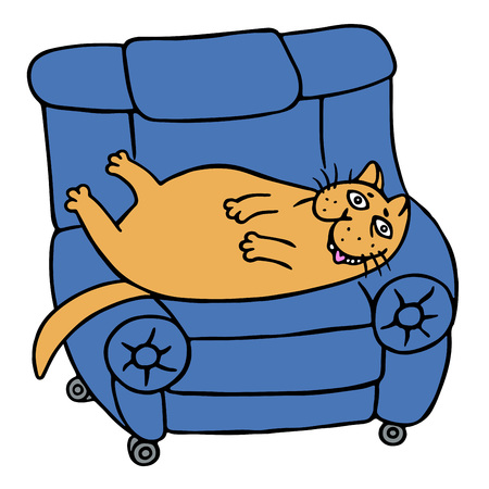Cute lazy orange fat cat is lying on a armchair. Funny cartoon cool character. Contour freehand digital drawing. White color background. Isolated vector illustration.のイラスト素材