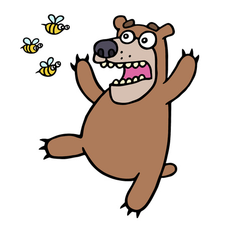 Cute bear in panic. Angry bees. Vector illustration. Funny screaming amazed cartoon character....