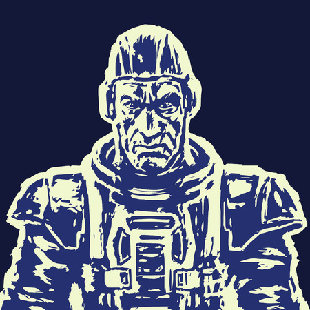 Old spaceman in a space suit without a helmet. Vector illustration. Science fiction illustration in black and white Colors.のイラスト素材