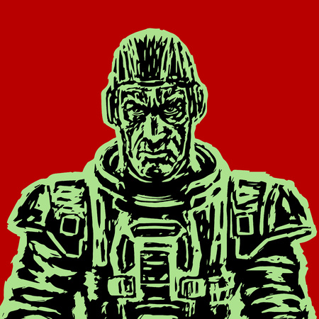 Old astronaut in a space suit without a helmet. Vector illustration. Science fiction illustration. Freehand digital drawing. Serious character.のイラスト素材