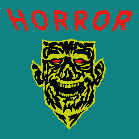 Demon head with torn face. Vector illustration. Scary monster character in blue and yellow colors.のイラスト素材