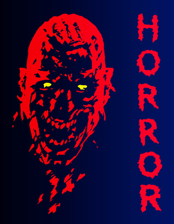 Screaming vampire head in red and blue colors. Vector illustration. Scary bloody monster character. The genre of horror.のイラスト素材