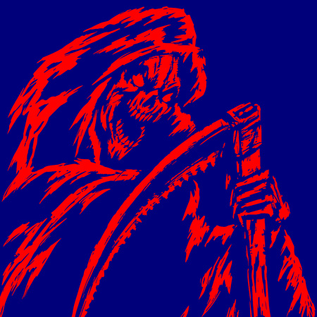Red Death with a Scythe. Blue Background. Web Icon. Isolated Flat Vector Illustration. Spooky Apocalypse Demon. Spirit Rock Skull. Ghost Skeleton. Nightmare Terrible Mouth. Massacre Phantom monster.のイラスト素材