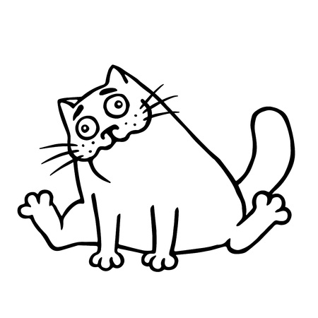 Drunk cartoon happy fat cat. Isolated vector illustration. Funny cute character. Black and white colors.のイラスト素材