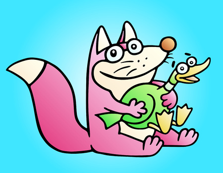 Cute cunning fox holds a fat duck in its paws. Vector illustration. Funny cartoon cheerful character.のイラスト素材