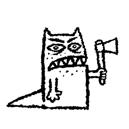 A funny toothy monster with an ax in his hand. Vector illustration. Genre of horror. Scary character with evil eyes.のイラスト素材