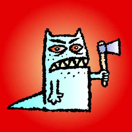 Funny toothed red monster with an axe in his hand. Vector illustration. Genre of horror. Scary character on red backgroundのイラスト素材