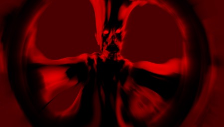 A terrible red monster stands with arms outstretched. 3D illustration in genre of horror. Scary...