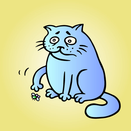 Cat wants to play and the fly is tired and has died. Play with me. Vector Illustration. Cute fat pet character.のイラスト素材