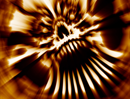 Orange angry vampire skull. Background in genre of horror. Scary monster face concept. States of mind. Golden circle.の写真素材