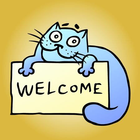 Cartoon blue hospitable cat with an invitation card. Vector Illustration. Speech bubble. Cute emoticon character. Cheerful pet. Orange color background.のイラスト素材
