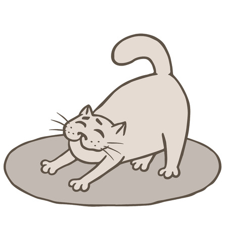 Cute grey cat woke up and stretched on mat. Vector illustration. Funny cartoon animal character.のイラスト素材