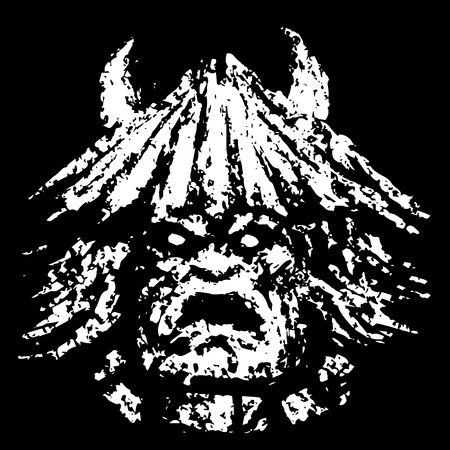 Grim demon face. Genre of horror. Scary character face icon. Vector illustration. Black and white picture.のイラスト素材